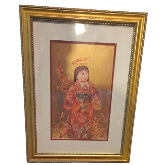 Vintage Print Edna Hibel Limited Edition Asian Girl 22"x15" Gold Frame 1274/2000